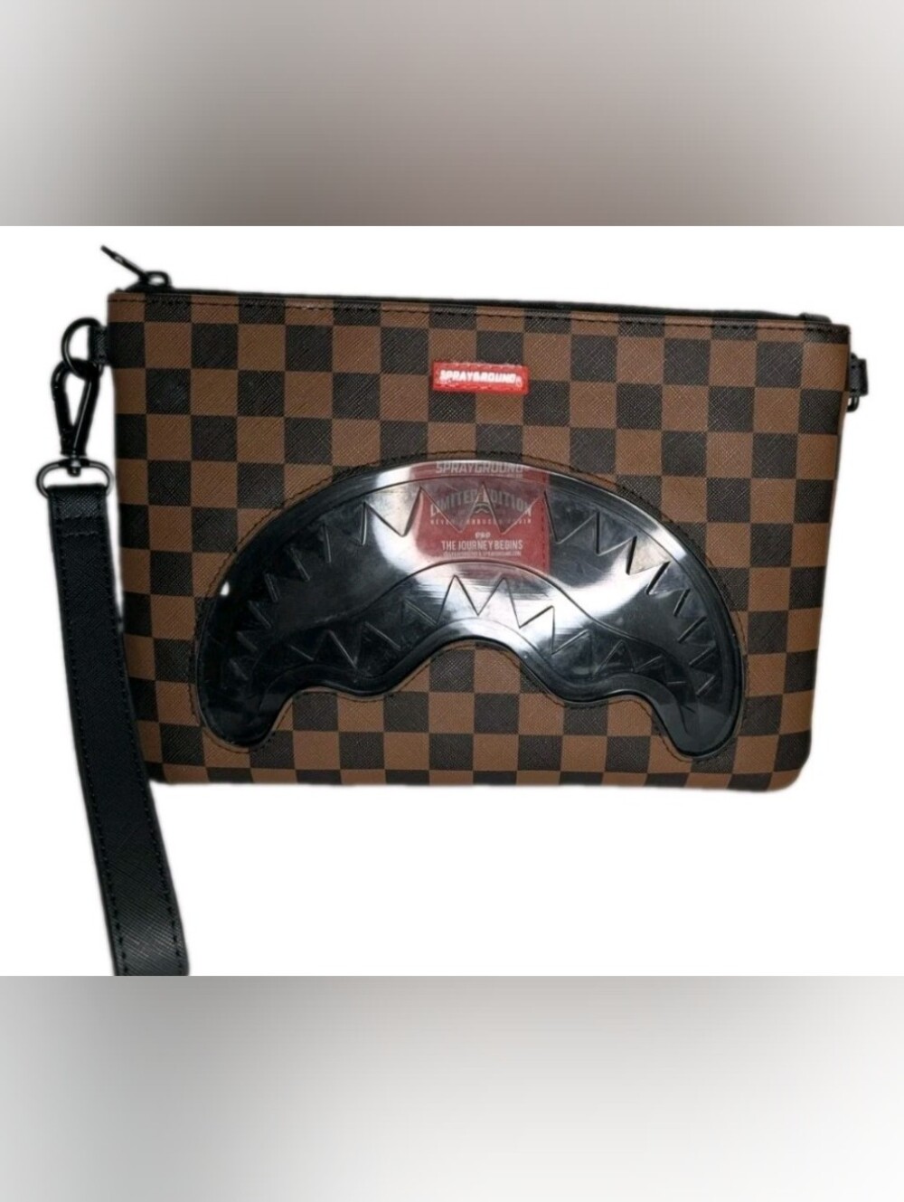 Sprayground Sharks In Paris Checkered Zip Clutch W Strap Wristlet Pouch